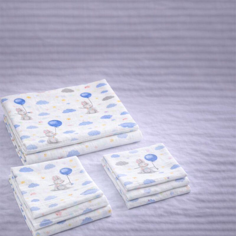 More Home % 100 Pamuk Müslin Örtü, Bebek Battaniyesi 5 Parça Set Tavşan Mavi Balonlu Gri
