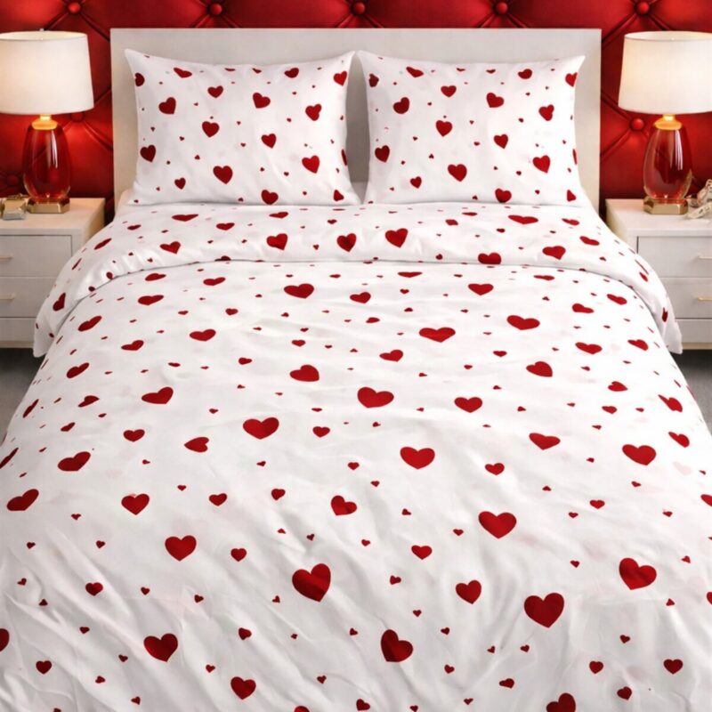 More Home Tek Kişilik Nevresim Takımı Lastikli Çarşaf kalp Desenli Beyaz Kırmızı