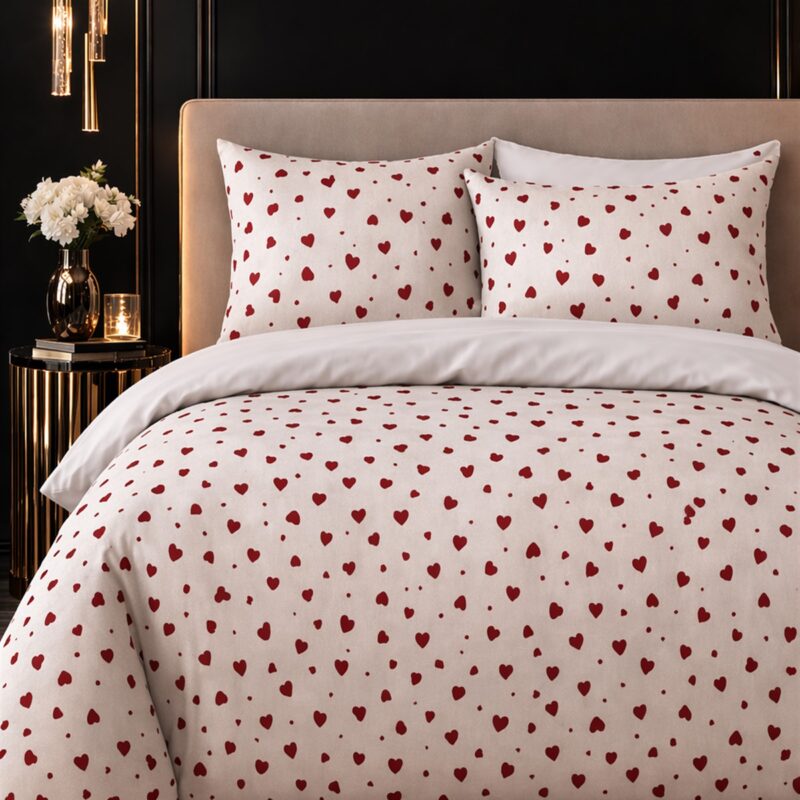 More Home Tek Kişilik Nevresim Takımı Lastikli Çarşaflı Kalp Desenli Beyaz Kırmızı