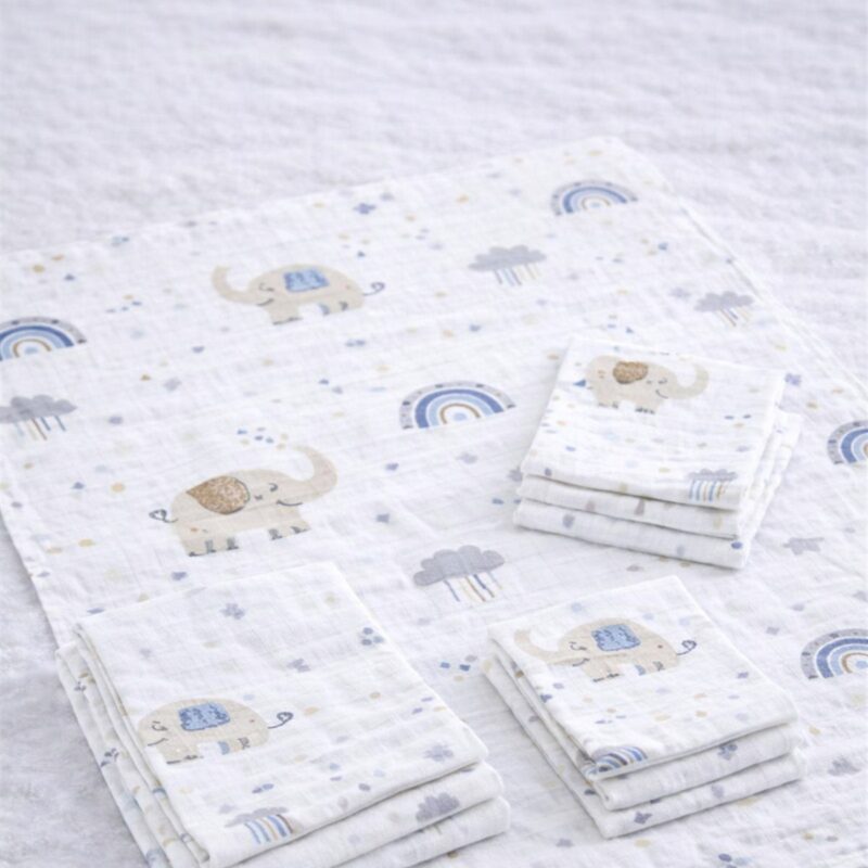 More Home % 100 Pamuk Müslin Örtü, Bebek Battaniyesi 5 Parça Set Filli Gökkuşağı Beyaz Mavi
