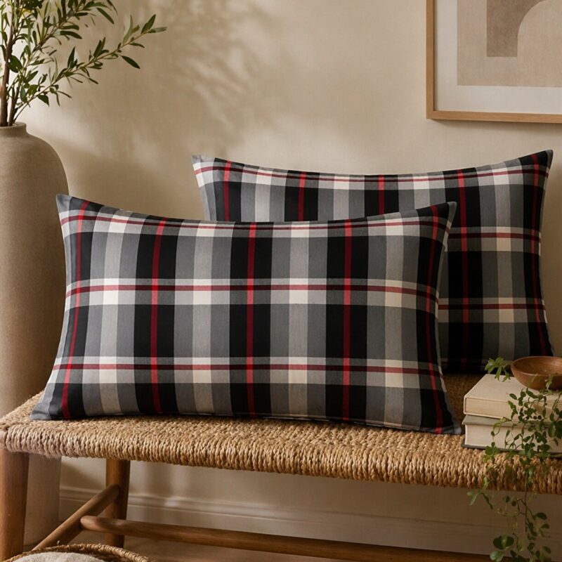 More Home Pamuklu Yastık Kılıfı (2 Adet) 50 x 70 cm  Ekose Gri Siyah