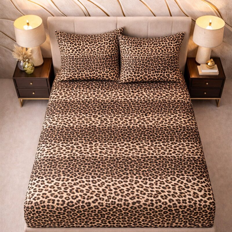 More Home  Çift Kişilik Lastikli Çarşaf  Seti + Yastık Kılıfı Leopar Desenli Siyah Bej