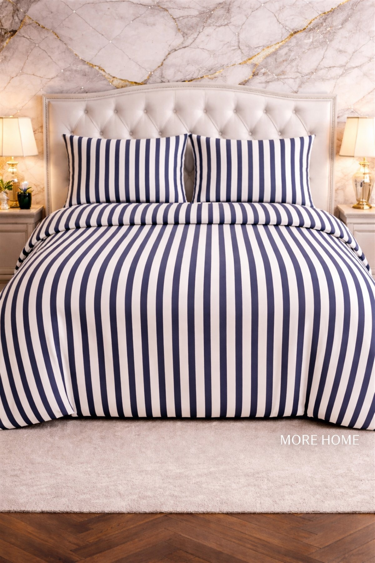 More Home Tek Kişilik Lastikli Çarşaf Nevresim Takımı Çizgili Gri Beyaz