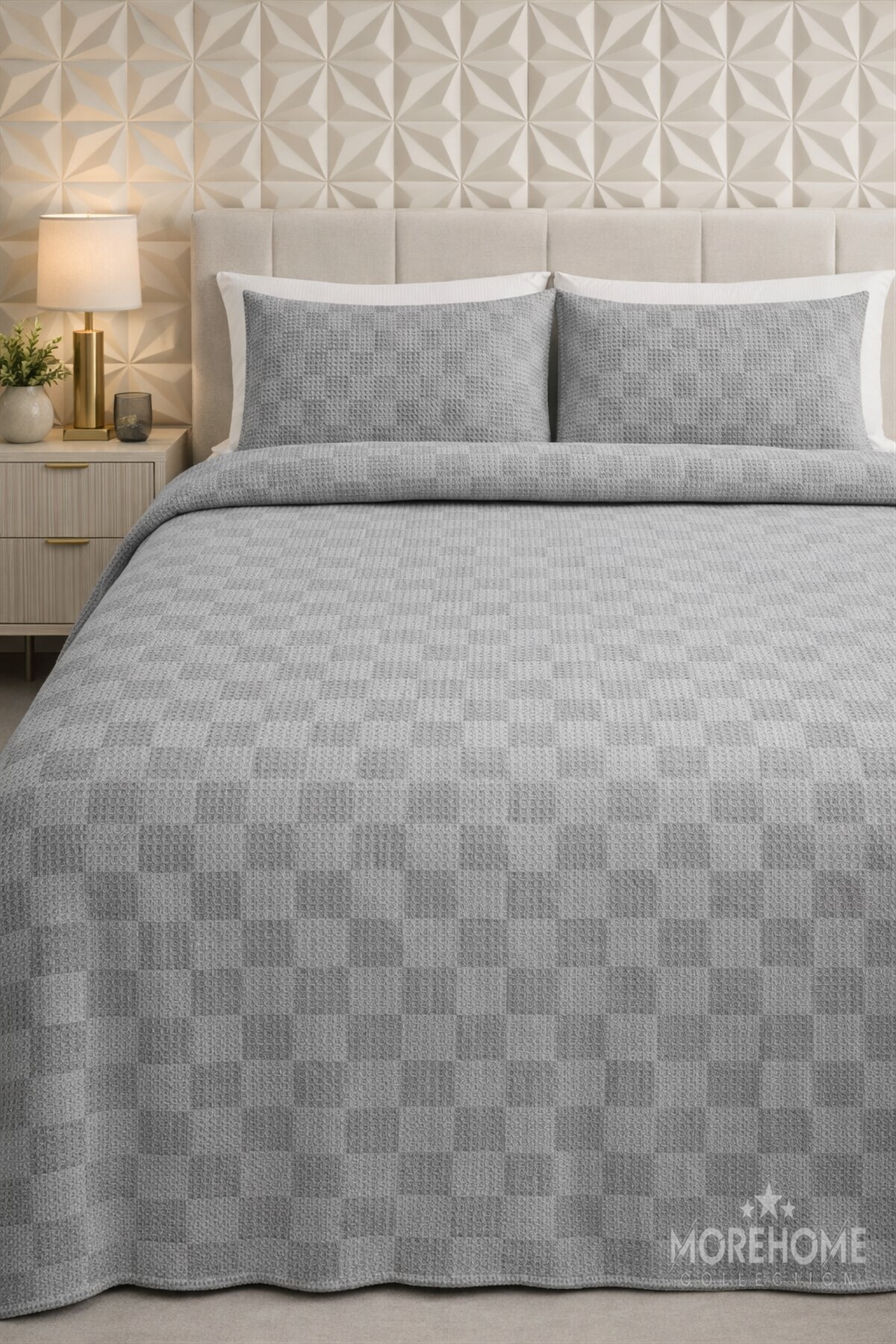 MORE HOME Dama Desenli Tek KİŞİLİK % 100 PAMUKLU PİKE 175x240 Gri