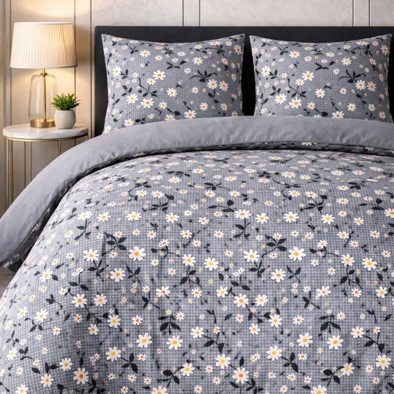 More Home Tek Kişilik Nevresim Takımı Lastikli Çarşaflı Papatya Gri Beyaz