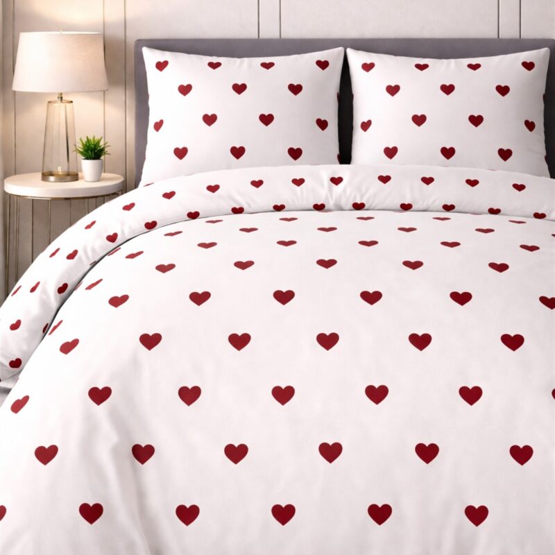 More Home Çift Kişilik Yorgan Kılıfı + Yastık Kılıfı Kalp Desenli Beyaz Kırmızı