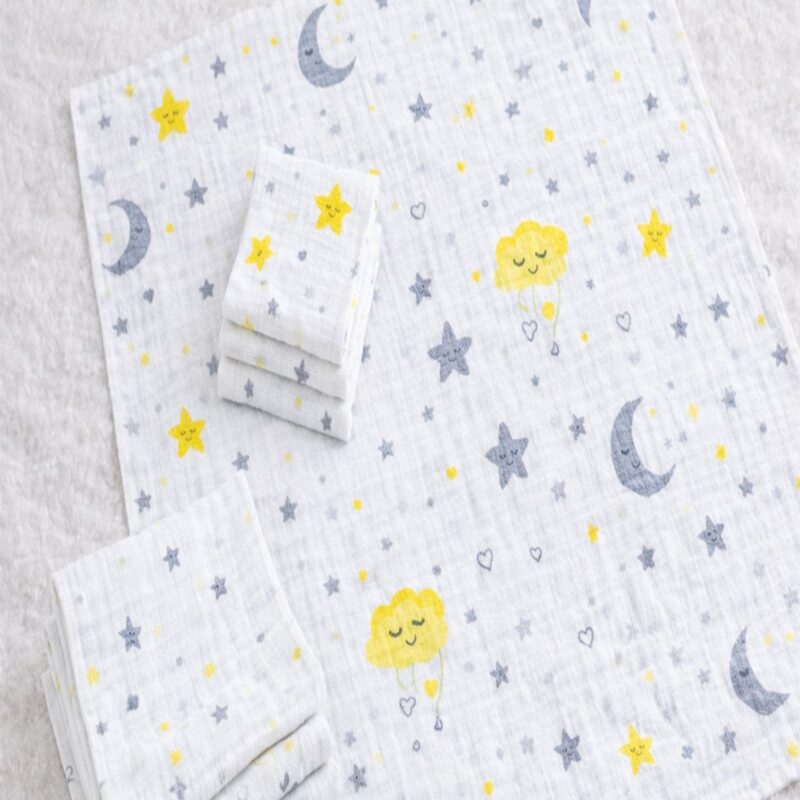 More Home % 100 Pamuk Müslin Örtü, Bebek Battaniyesi 5 Parça Set Ay Yıldızlı Gri Sarı