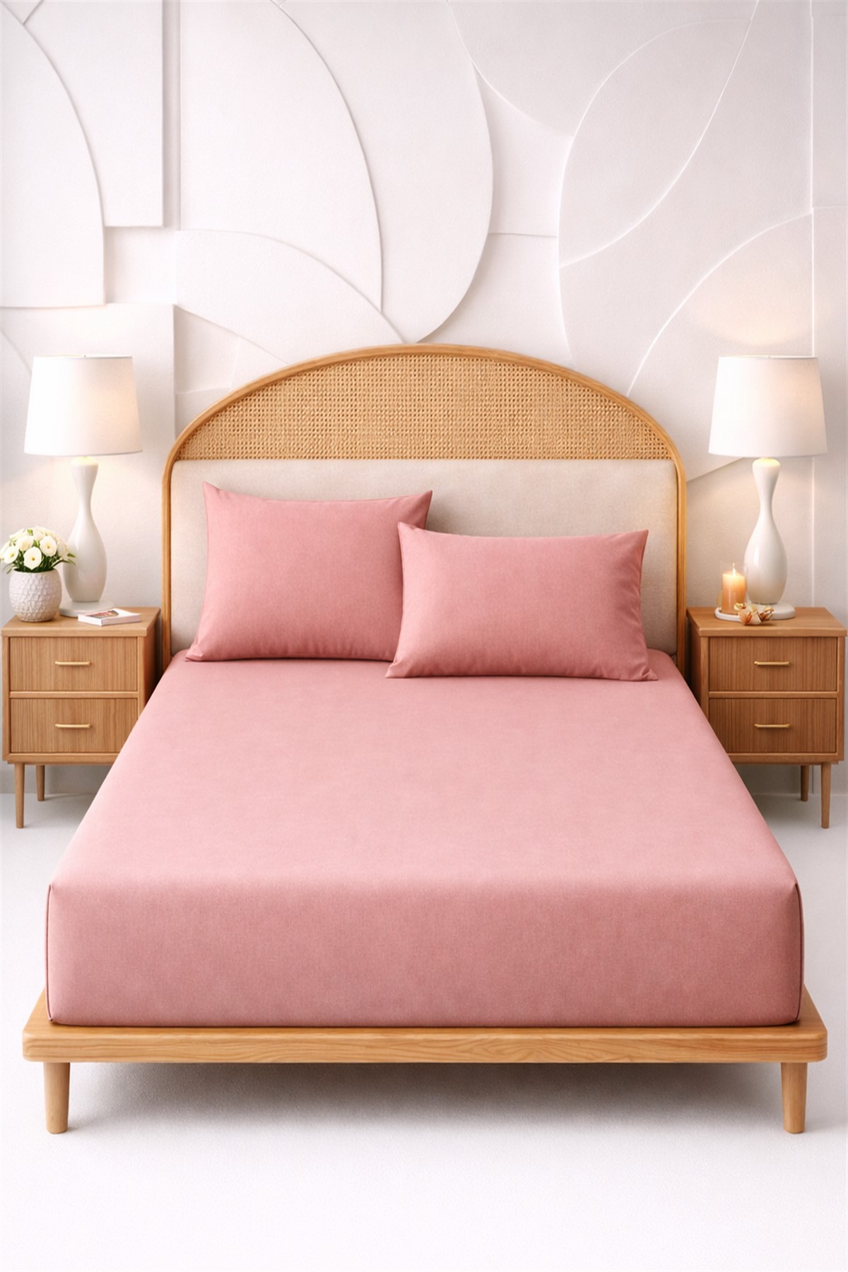 More Home Çift Kişilik Lastikli Çarşaf Seti + 2 Yastık Kılıfı Gül kurusu