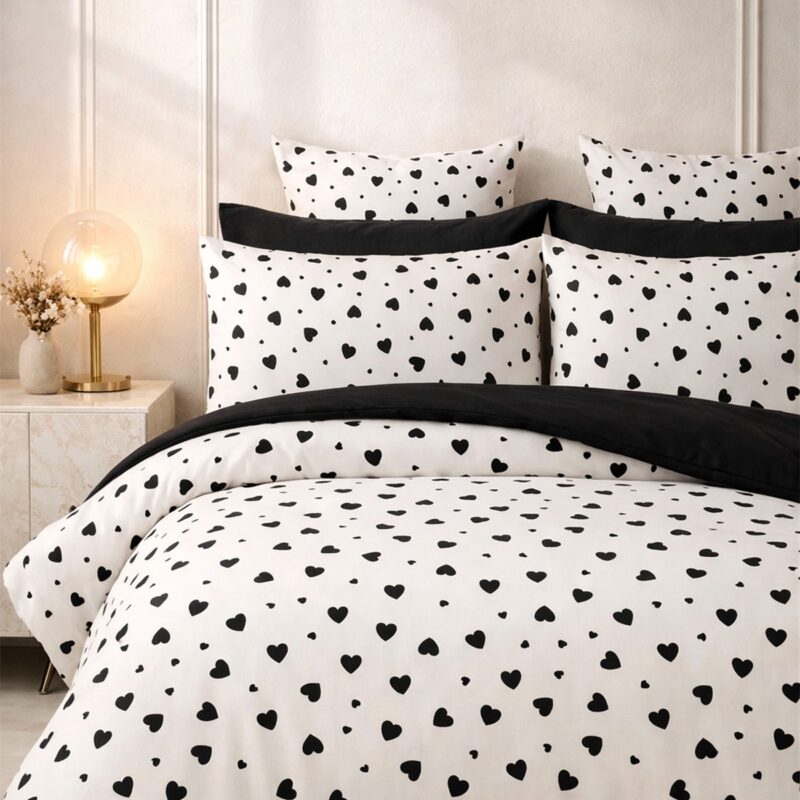 More Home Tek Kişilik Nevresim Takımı Lastikli Çarşaflı  Kalp Desenli Beyaz Siyah