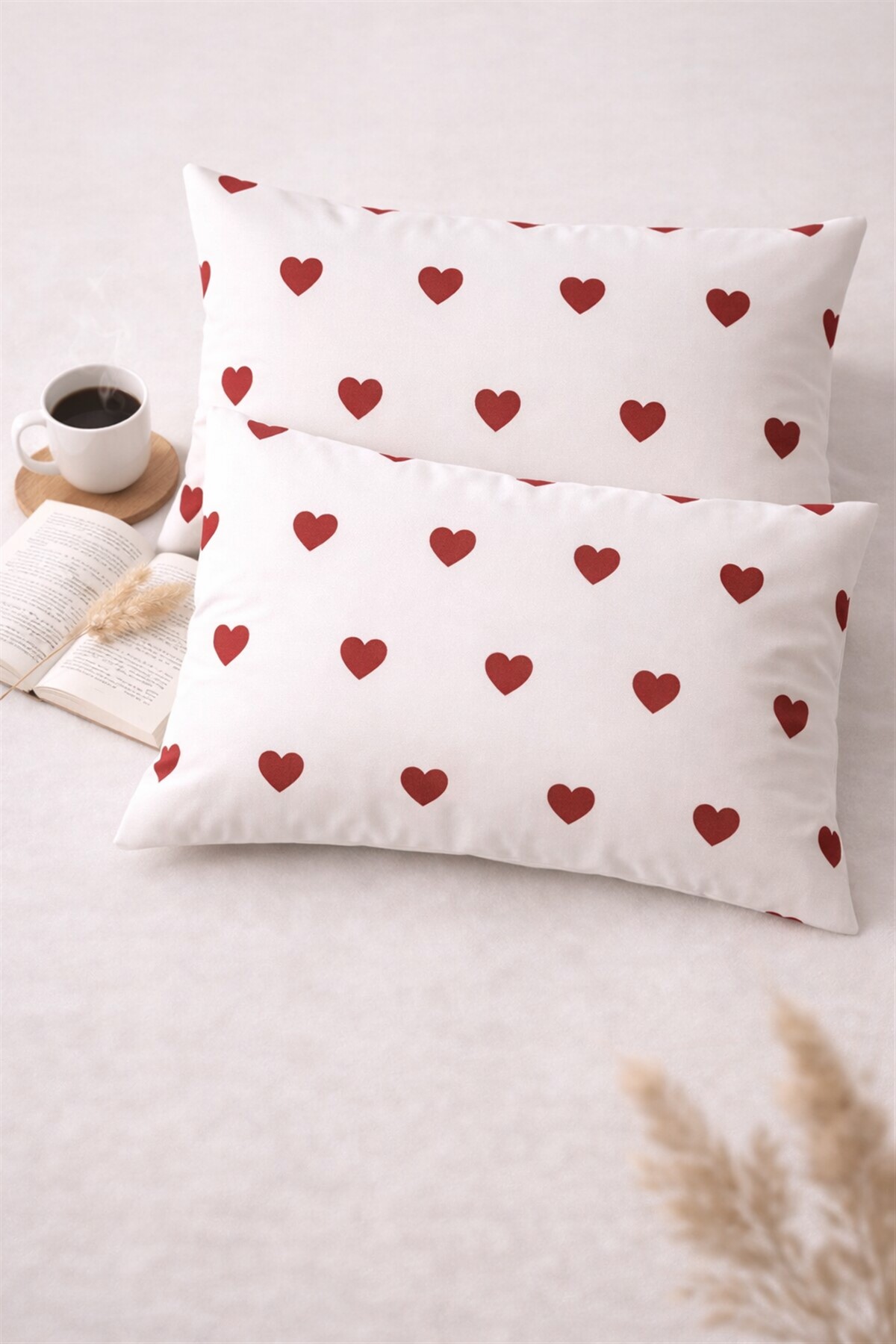 More Home Pamuklu Yastık Kılıfı 50X 70 Cm 2 Adet İkinci Kalite Klep Desenli Outlet Beyaz Kırmızı