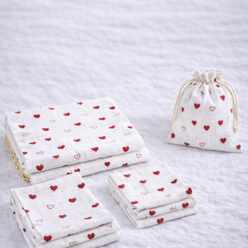 More Home % 100 Pamuk Müslin Örtü, Bebek Battaniyesi 6 Parça Set Kalp Desenli Beyaz Kırmızı