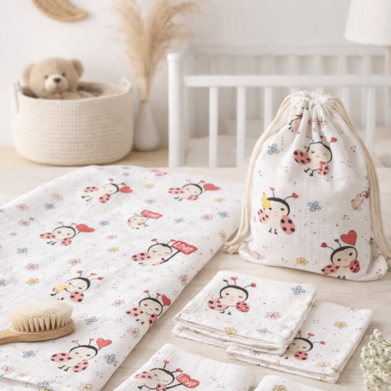 More Home % 100 Pamuk Müslin Örtü, Bebek Battaniyesi 6 Parça Set Uğur Böceği Beyaz Kırmızı