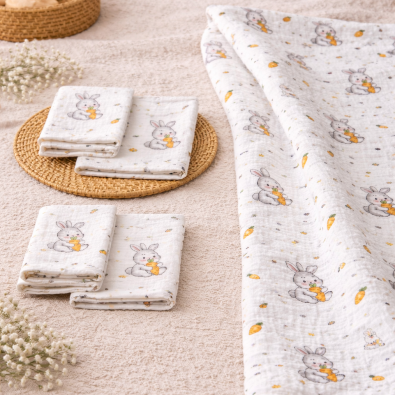 More Home % 100 Pamuk Müslin Örtü, Bebek Battaniyesi 5 Parça Set Havuç Yiyen Tavşan Krem Turuncu