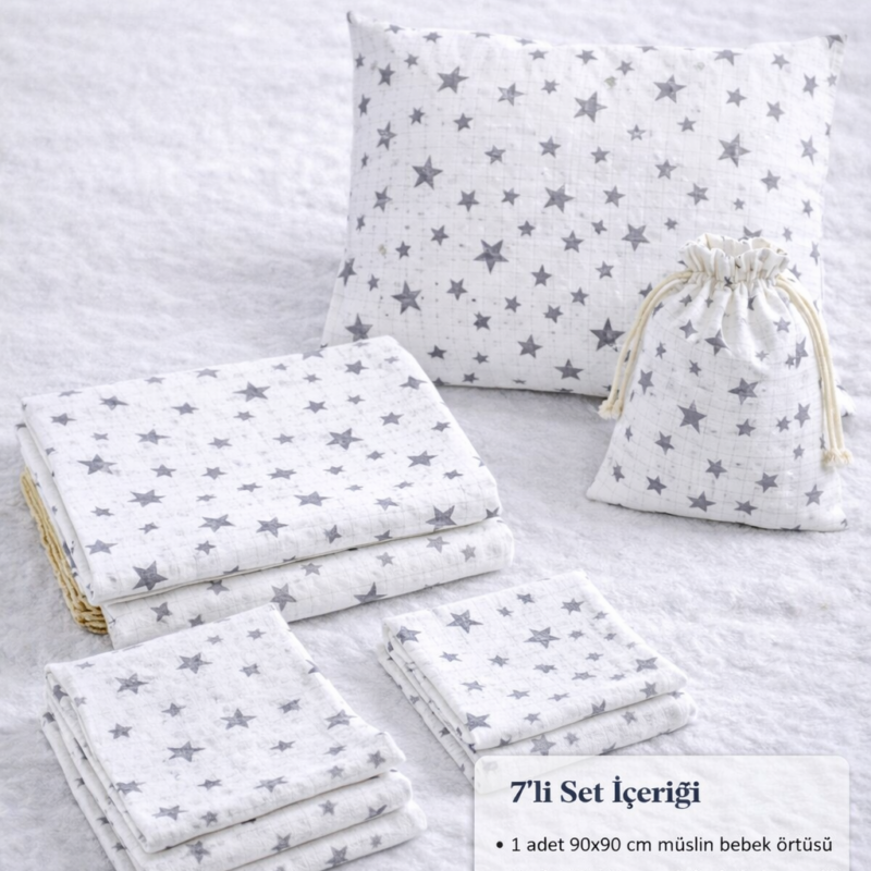 More Home % 100 Pamuk Müslin Örtü, Bebek Battaniyesi 7 Parça Set Yıldızlı Gri Beyaz