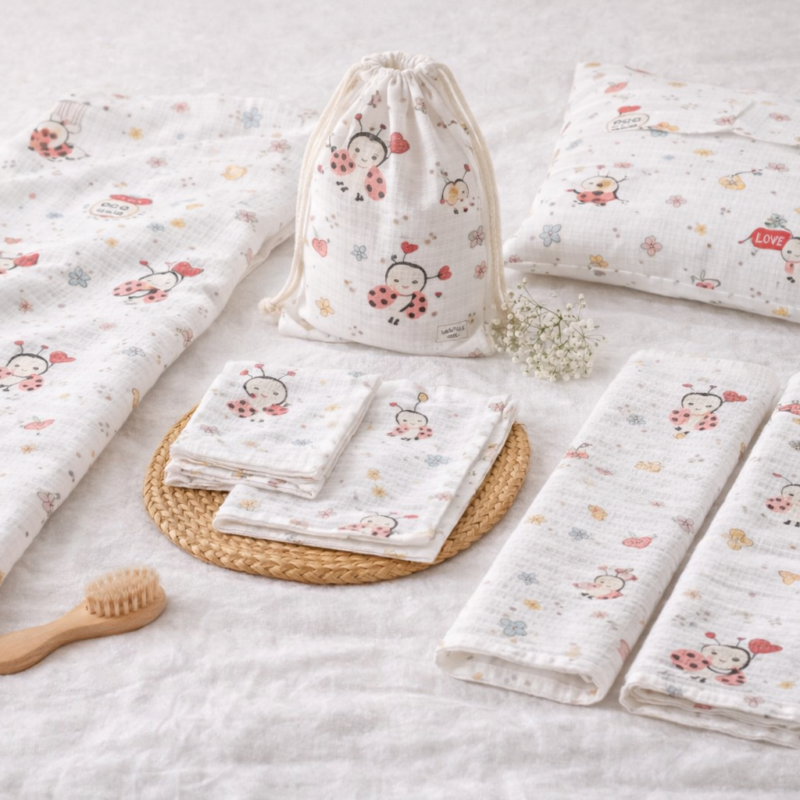 More Home % 100 Pamuk Müslin Örtü, Bebek Battaniyesi 7 Parça Set Uğur Böceği Beyaz Kırmızı