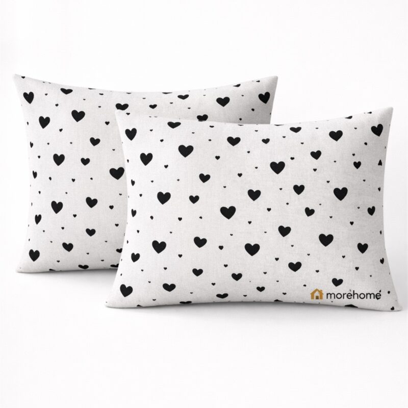 More HomePamuklu Yastık Kılıfı (2 Adet) 50 x 70 cm Kalp Desenli Beyaz Siyah
