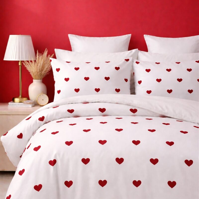 More Home Tek Kişilik Nevresim Takımı Lastikli Çarşaflı kalp Desenli Beyaz Kırmızı