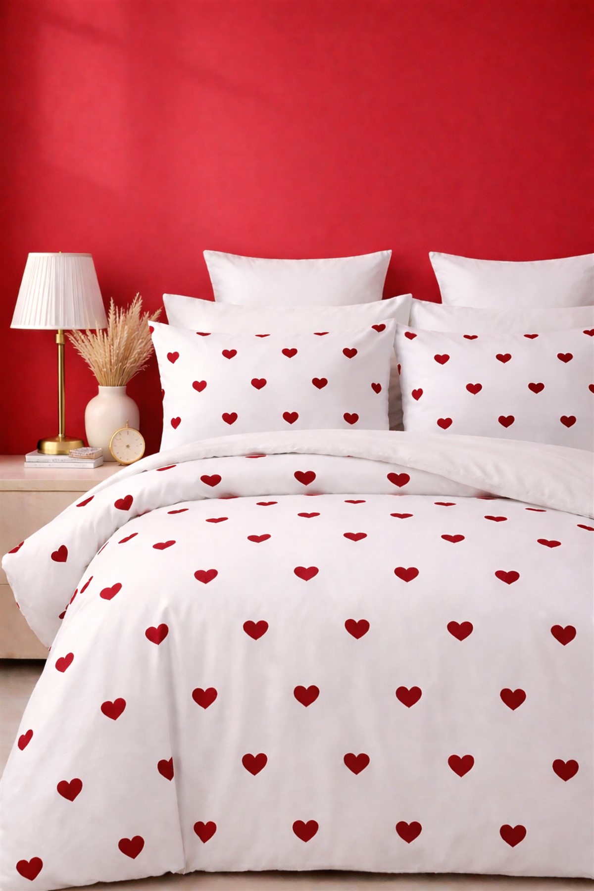 More Home Tek Kişilik Yorgan Kılıfı+Yastık Kılıfı Kalp Desenli Beyaz Kırmızı