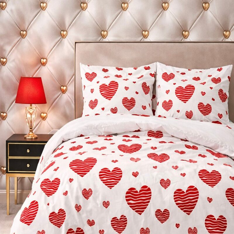 More Home  Tek Kişilik Nevresim Takımı  Kalp Desenli Beyaz Kırmızı