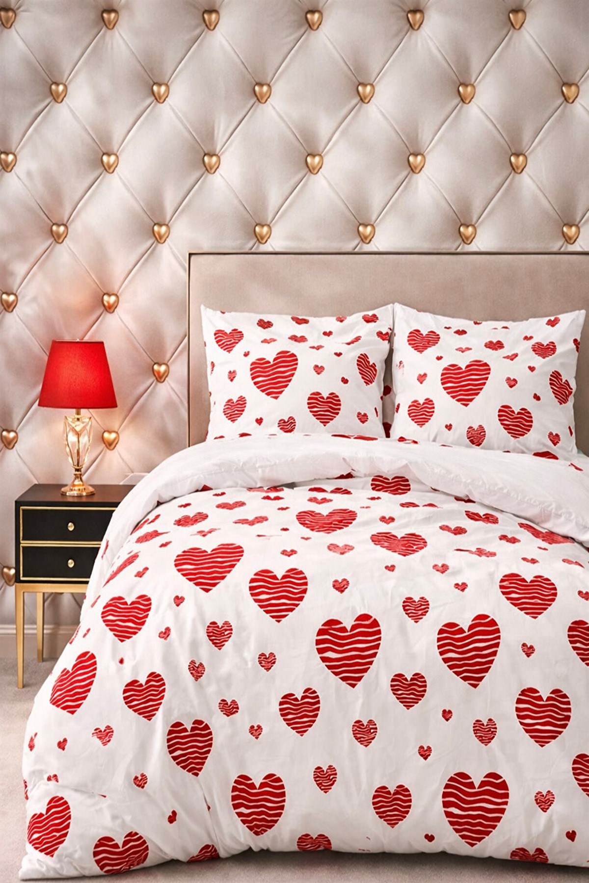 More Home Tek Tişilik Yorgan Kılıfı + Yastık Kılıfı Kalp Desenli Beyaz Kırmızı