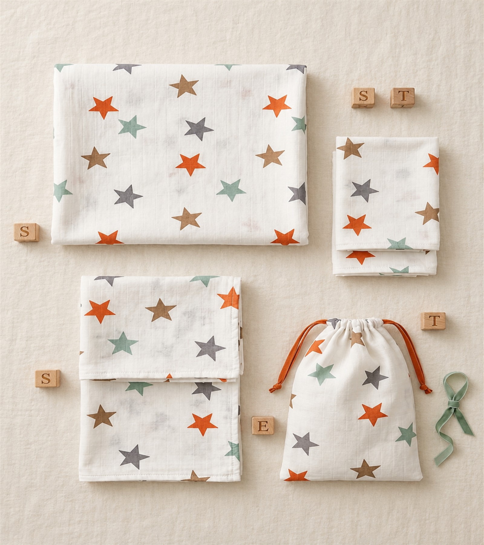 More Home Müslin Bez Battaniye Set 6 Parça Yıldız Desenli