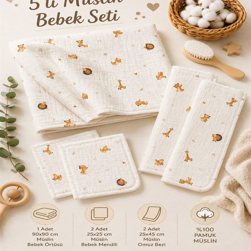 More Home Çok Amaçlı  Müslin Bez Battaniye Set 5 Parça Tavşanlı Bej