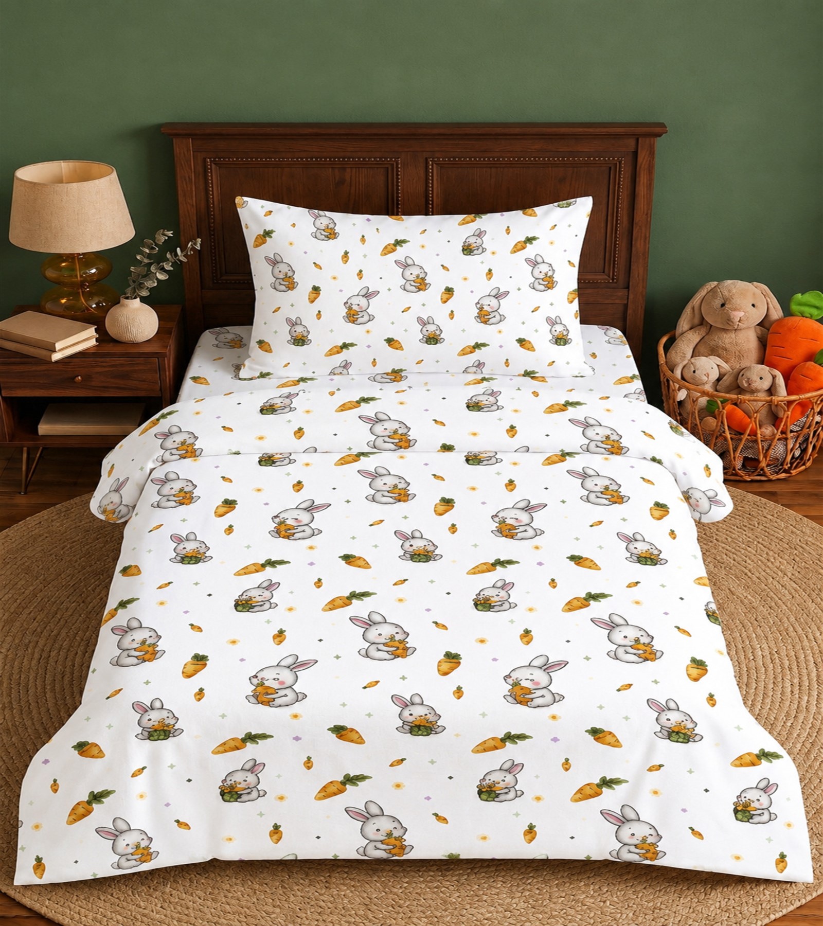 MORE HOME Müslin Bebek Nevresim Takımı %100 Pamuk Havuç Yiyen Tavşan Krem