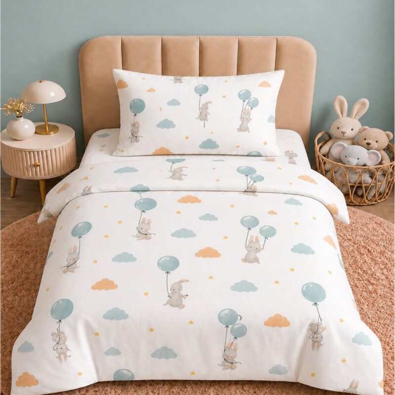 MORE HOME Müslin Bebek Nevresim Takımı %100 Pamuk Mavi Balonlu Tavşanlı