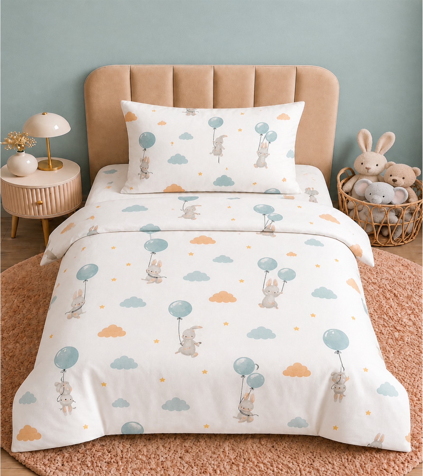 MORE HOME Müslin Bebek Nevresim Takımı %100 Pamuk Mavi Balonlu Tavşanlı