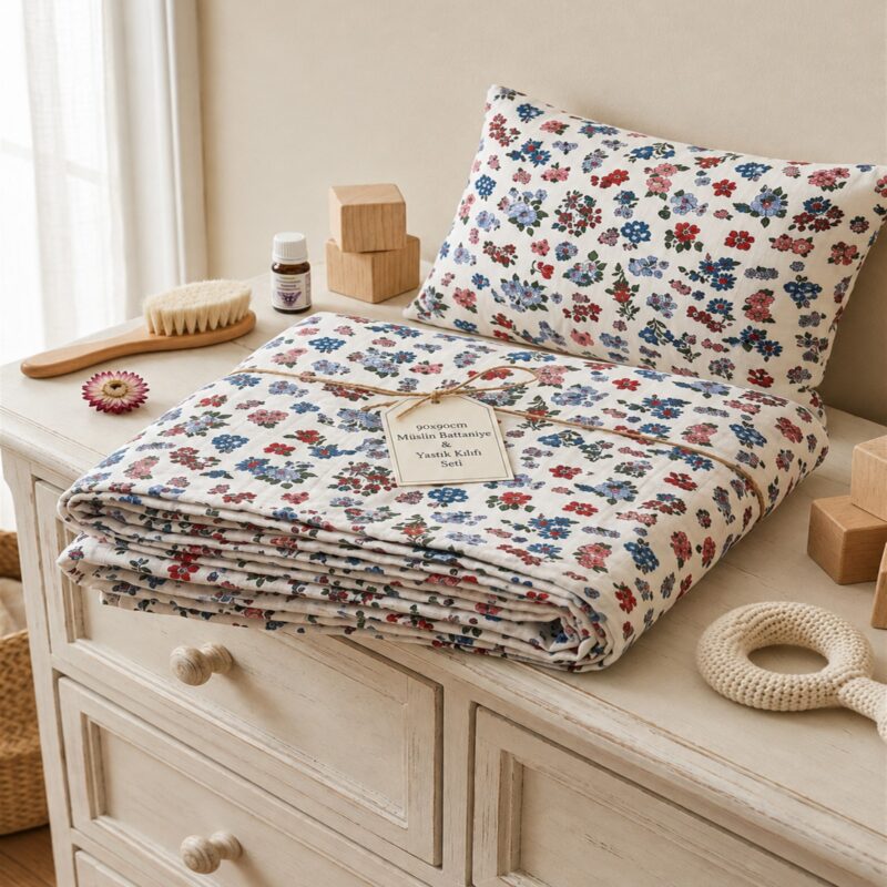 More Home % 100 pamuklu Bebek 90x90 Müslin örtü +35x45 Yastık Kılıfı Çiçek Desenli