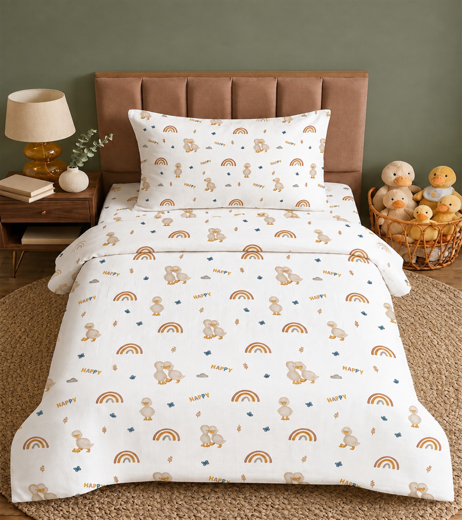 MORE HOME Müslin Bebek Nevresim Takımı %100 Pamuk Ördek Desenli Bej