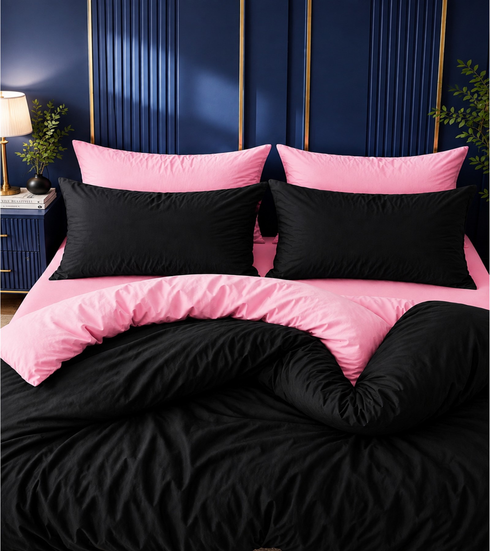 More Home Tek Kişilik Nevresim Takımı Lastikli Çarşafı Siyah Pembe