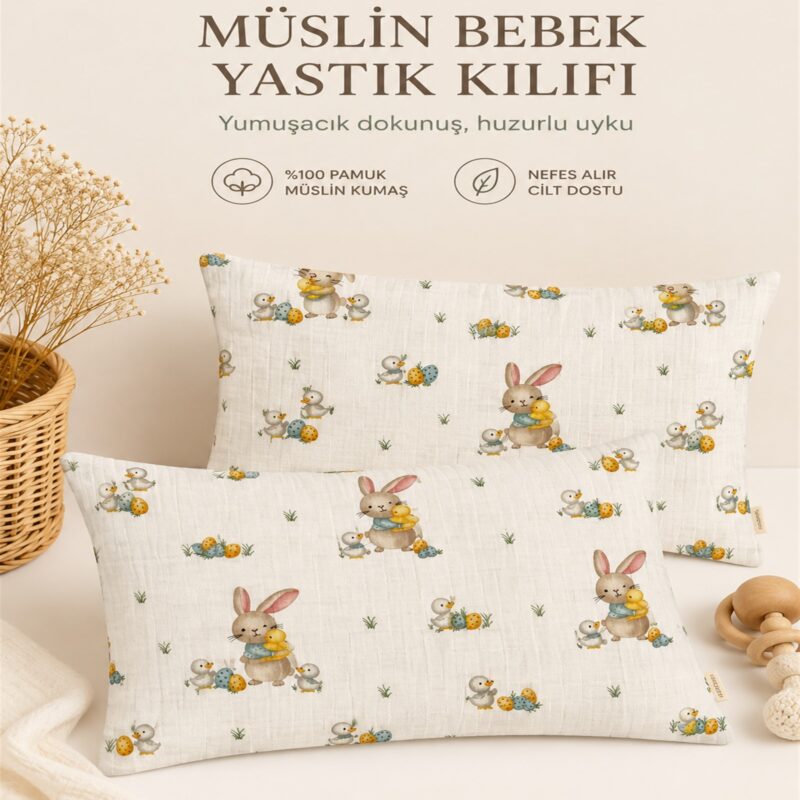 More Home Bebek Yastık Kılıfı Müslin 2 Adet  35X45  Ördekli  & Tavşanlı