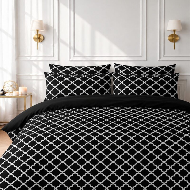 More Home  Tek Kişilik Nevresim Takımı  Lastikli Çarşaflı  Motif Desenli Siyah Beyaz