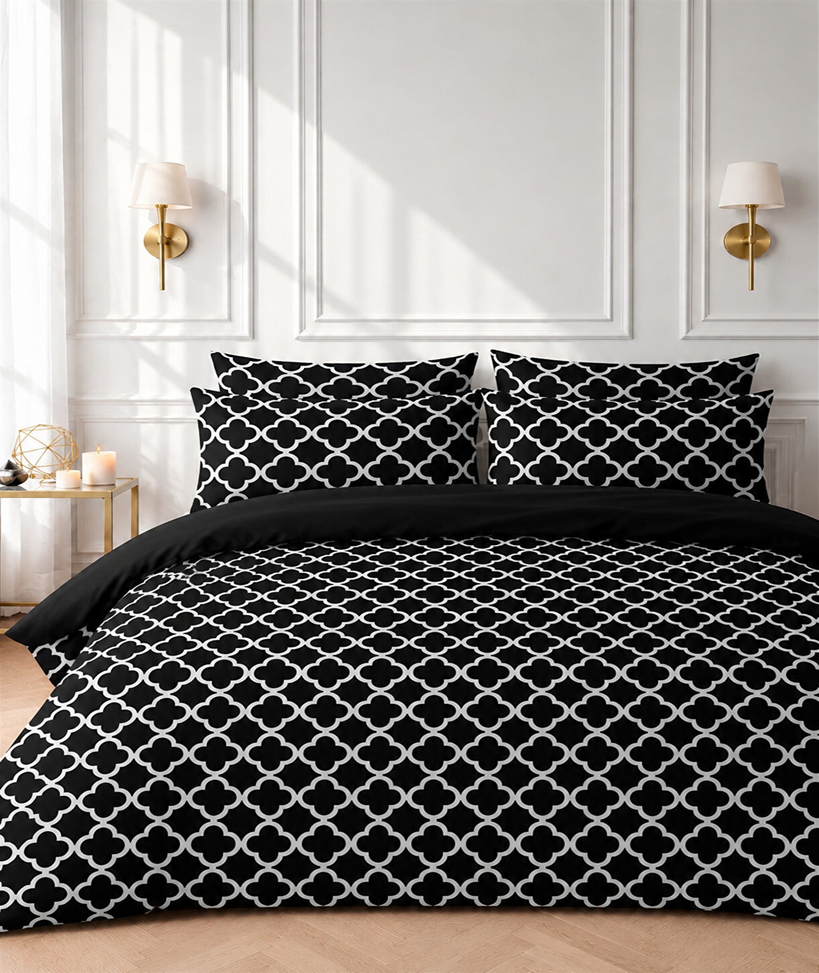 More Home Tek Kişilik Nevresim Takımı Lastikli Çarşafı Motif Desenli Siyah Beyaz