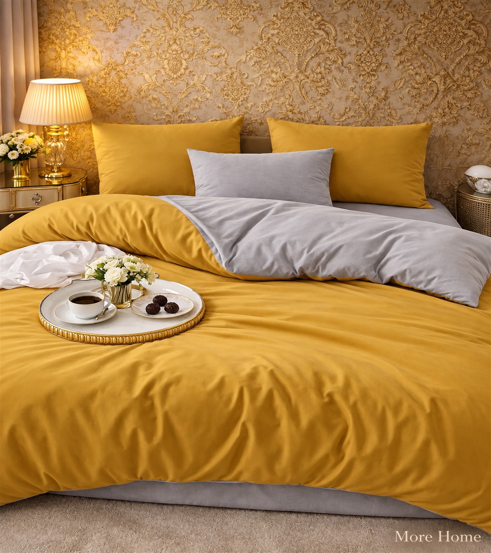 More Home Çift Kişilik Yorgan Kılıfı + Yastık Kılıfı (Çarşafsız) Koyu sarı Gri