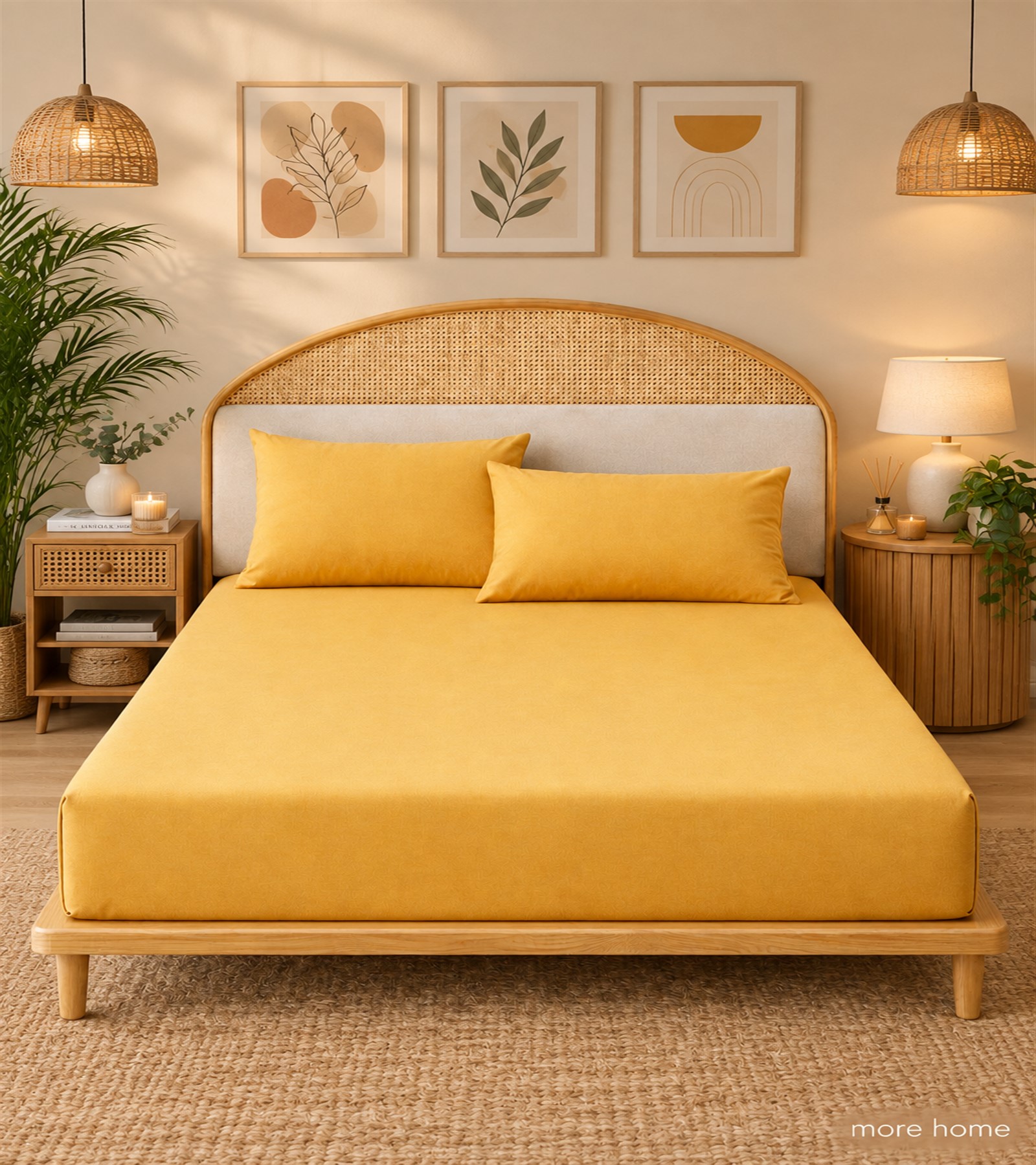 More Home Çift Kişilik Lastikli Çarşaf Seti + Yastık Kılıfı Koyu Sarı