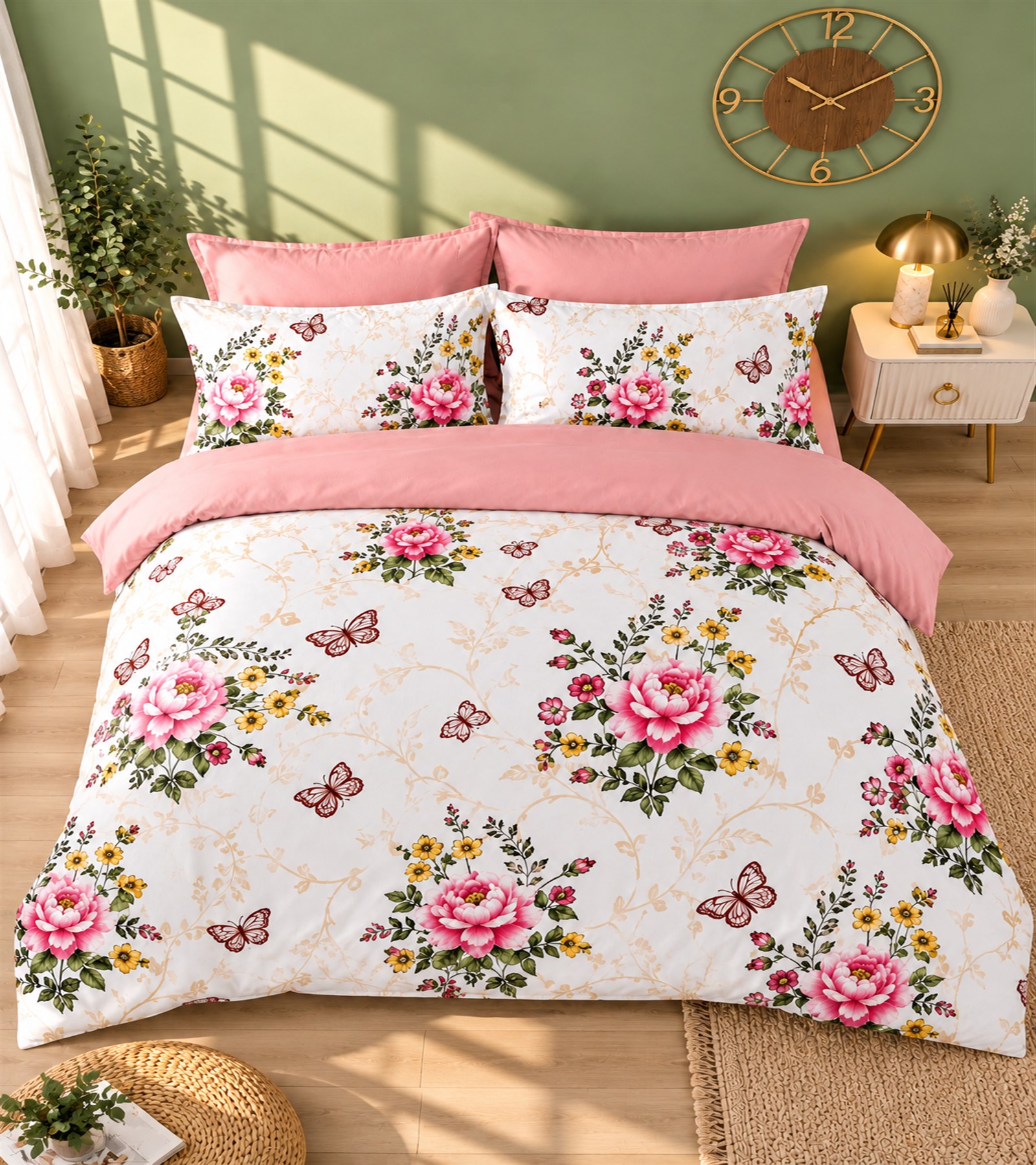 More Home Çift Kişilik Nevresim Takımı Lastikli (Çarşaflı) Botanik Bahçe Pembe